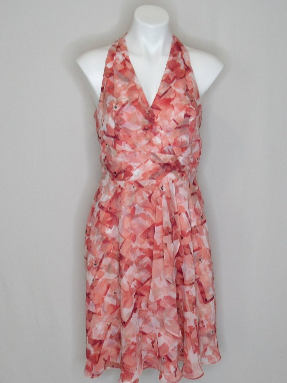 White House Black Market Peach PInk Abstract Flroal Print Halter Dress 8